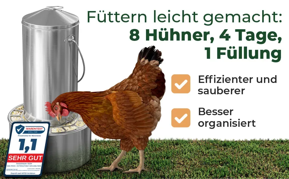 Füttern leicht gemacht: 8 Hühner, 4 Tage, 1 Füllung. Edelstahl-Futterautomat mit Huhn am Trog.