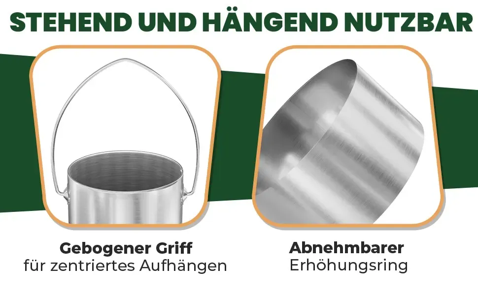 Stehend und hängend nutzbar: gebogener Griff zum zentrierten Aufhängen, abnehmbarer Erhöhungsring.