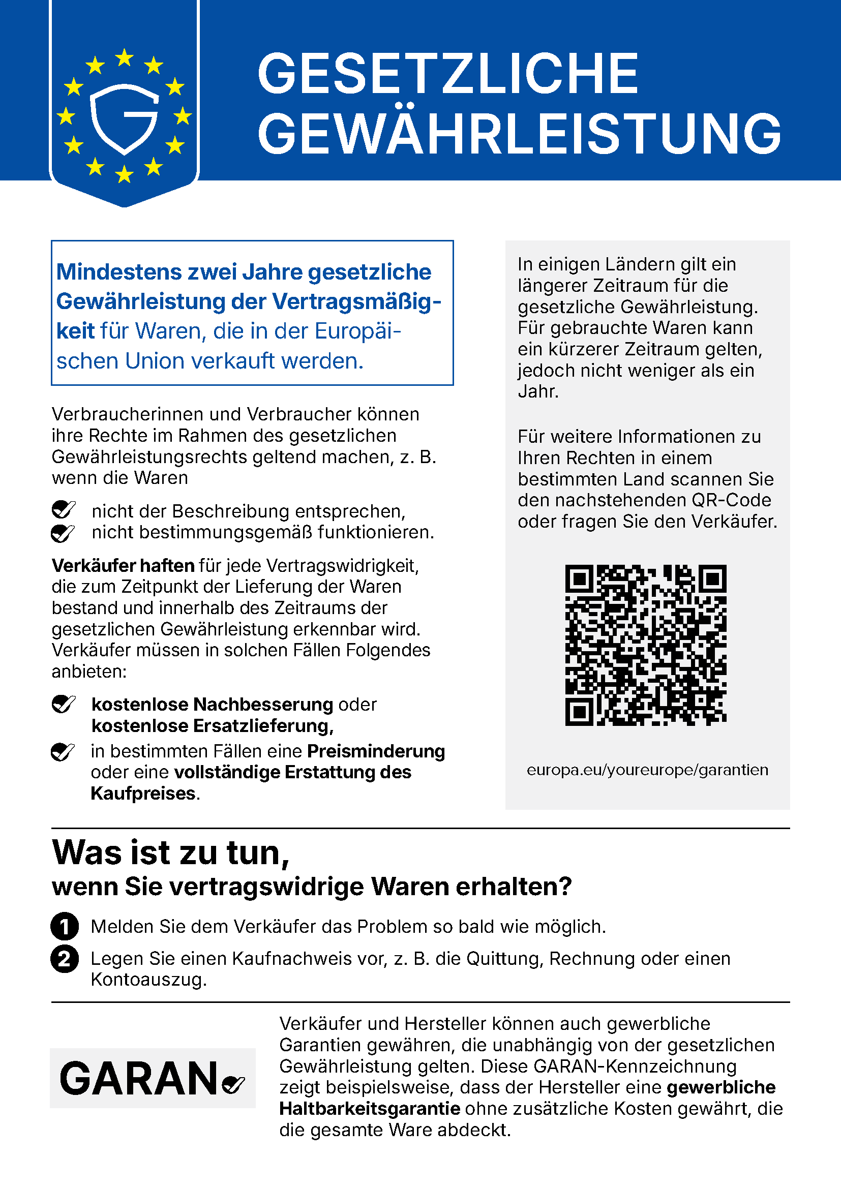 Amtliche EU-Mitteilung: Gesetzliche Gewährleistung, mindestens zwei Jahre