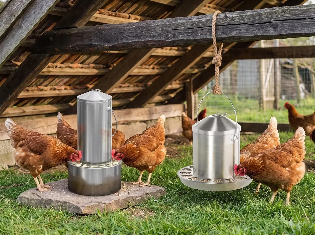 Zwei Futterautomaten aus Edelstahl unter einem Holzdach: links der schlanke 4-Liter steht auf einer Steinplatte, rechts hängt ein breiter Automat an einem Seil vom Balken, auf Rückenhöhe der Hühner, die an beiden fressen