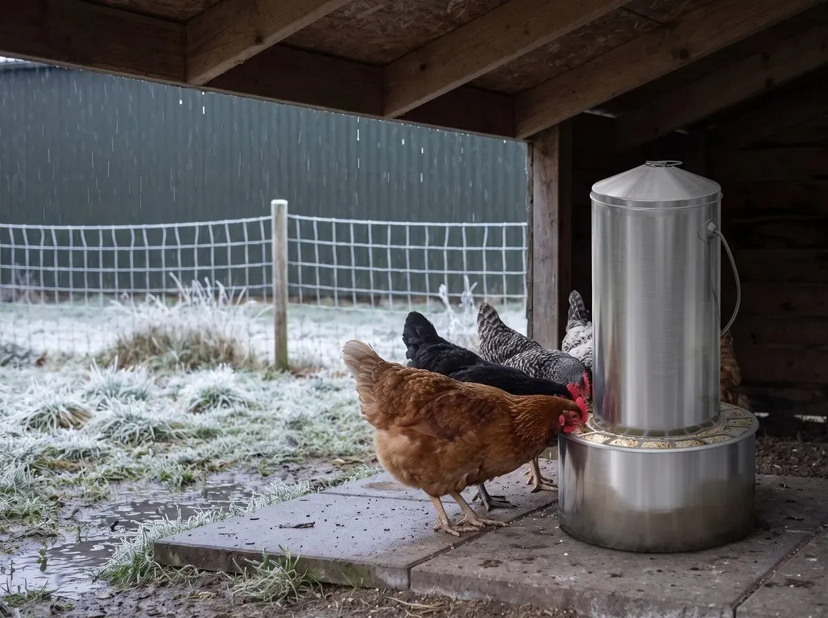 Futterautomat aus Edelstahl steht auf einer Steinplatte unter dem Dachüberstand eines Holzunterstands, vier Hühner fressen am Gitterring, draußen regnet es und das Gras ist von Frost überzogen