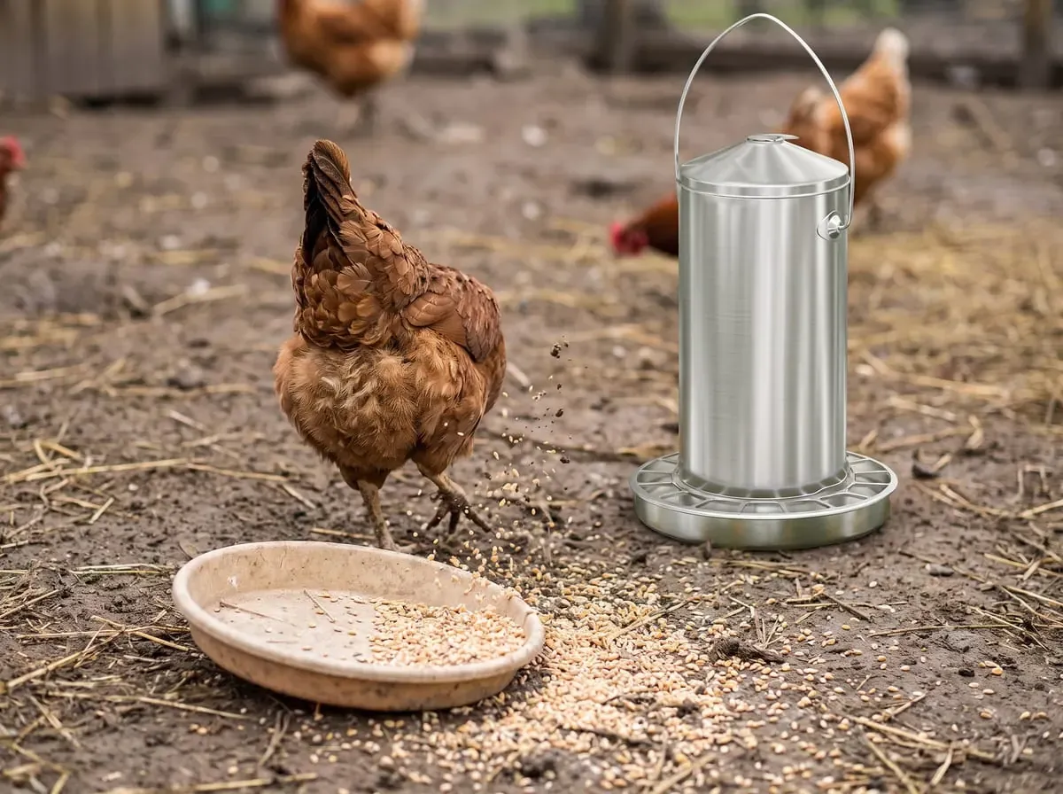 Eine Henne scharrt Körner aus einer offenen Schale auf den Boden, rechts steht ein Futterautomat aus Edelstahl, bei dem das Futter im Trog bleibt