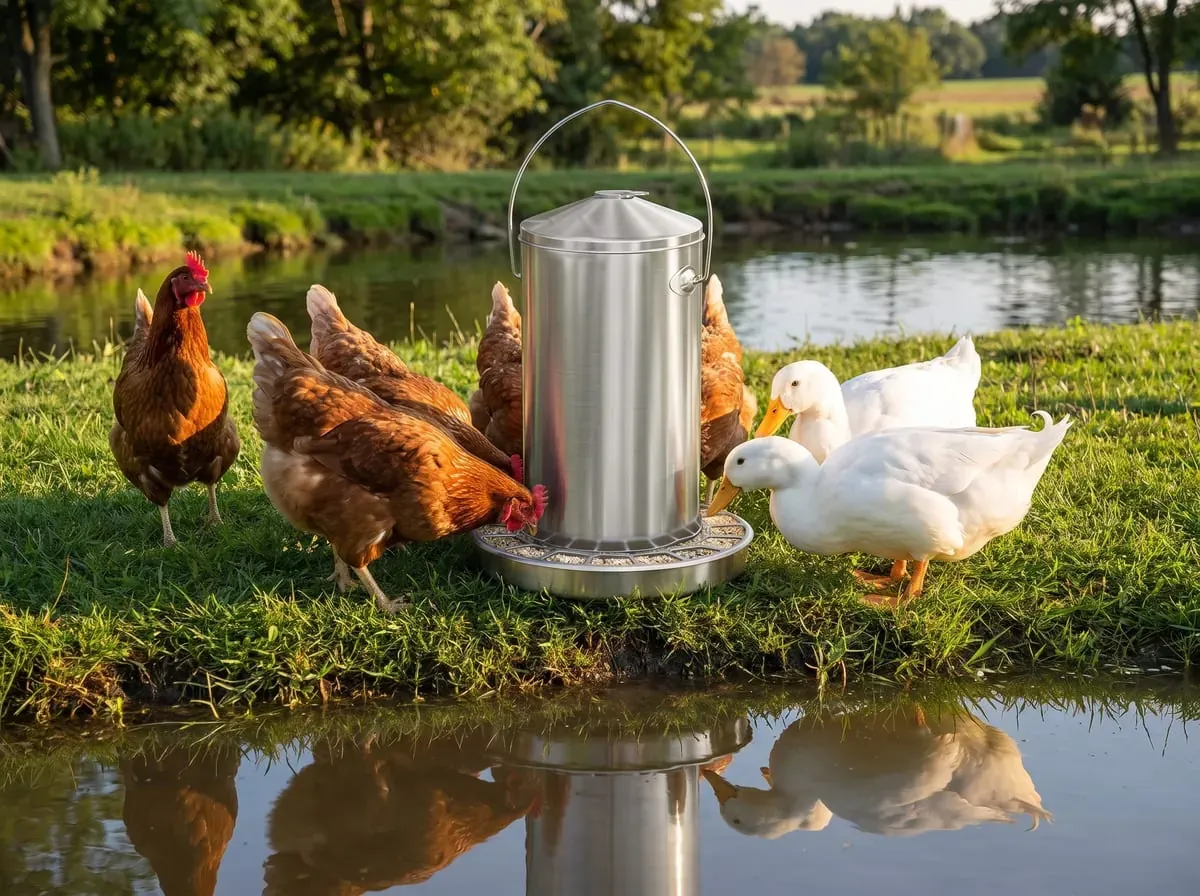 Braune Hennen und zwei weiße Enten fressen gemeinsam an einem Futterautomaten aus Edelstahl auf einer Wiese am Teich