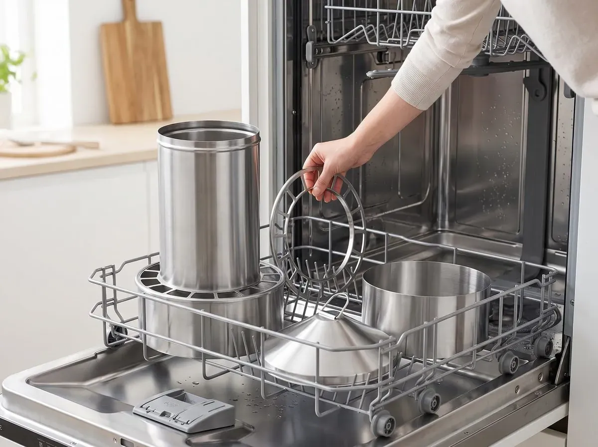 Offene Spülmaschine mit herausgezogenem Unterkorb, darin die einzeln eingeräumten Teile des Edelstahl-Futterautomaten: Behälter ohne Deckel, Kegeldeckel mit Griff und Erhöhungsring, eine Hand setzt das Gitter ein