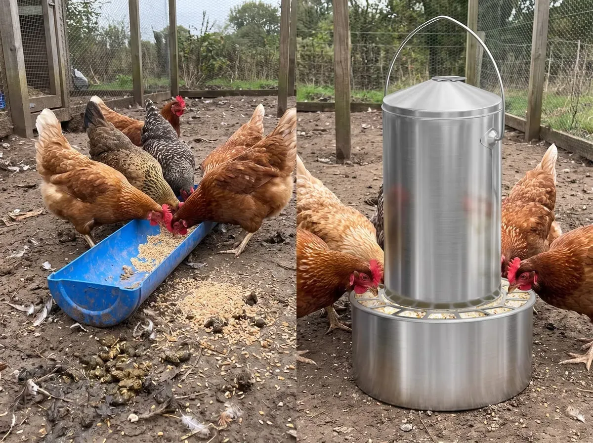 Links frisst eine Hühnergruppe aus einem offenen blauen Trog auf schmutzigem Boden mit verstreutem Futter, rechts steht ein sauberer Futterautomat aus Edelstahl mit Hennen am Gitterring
