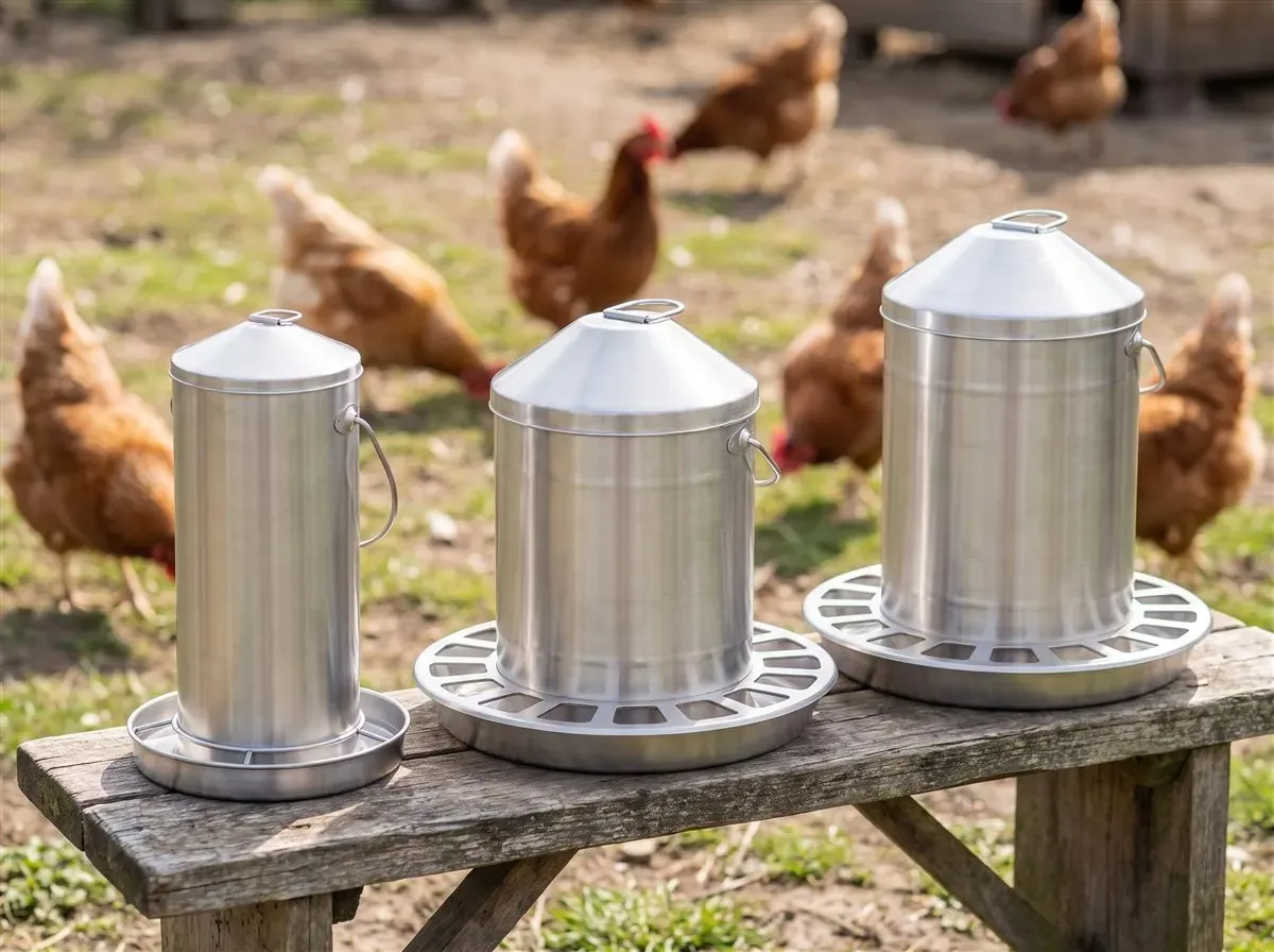 Drei Futterautomaten aus Edelstahl stehen nebeneinander auf einer Holzbank im Hühnerauslauf: links der schlanke 4-Liter, in der Mitte der 8-Liter und rechts der höhere 12-Liter in derselben breiten Bauart mit Kegeldeckel, dahinter Hühner