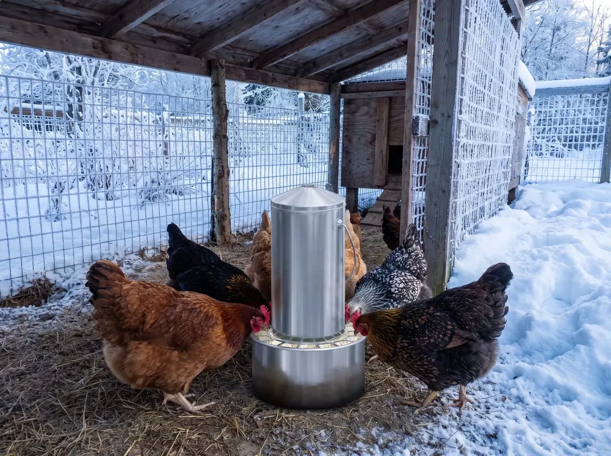 Futterautomat aus Edelstahl unter einem Holzdach im verschneiten Hühnerauslauf, Hühner mit aufgeplustertem Gefieder fressen daran, außerhalb des Dachs liegt Schnee
