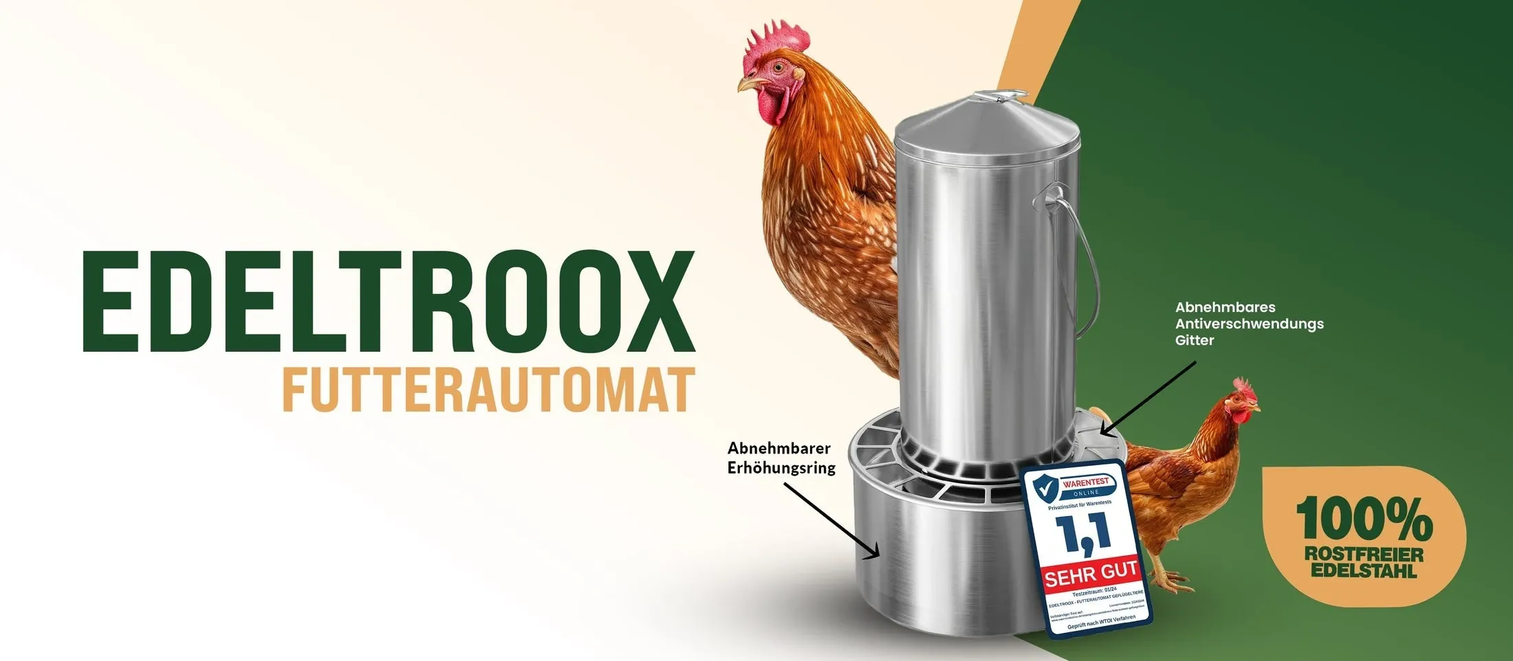 EDELTROOX Futterautomat aus rostfreiem Edelstahl mit abnehmbarem Gitter und Erhöhungsring, zwei Hühner daneben